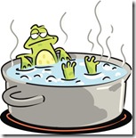 Illustration of the widespread anecdote describing a frog slowly being boiled alive, often used as a metaphor for the inability of people to react to significant changes that occur gradually.